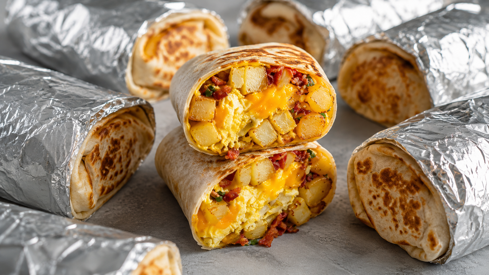 A cut Southside Loaded breakfast burrito surrounded by foil-wrapped burritos